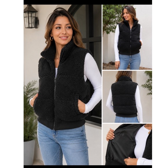 Flamingo Heart Jackets & Blazers - Flamingo Heart Black Sherpa Faux Fur Puffer Vest BJJV807 Size Medium NWT